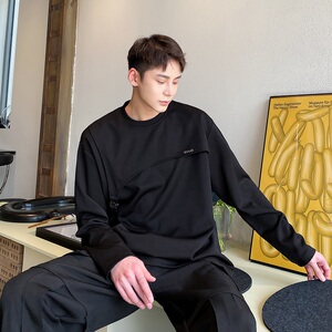 22新款解构设计袢带圆领长袖男卫衣简约韩版纯色潮流T恤5076P75图片
