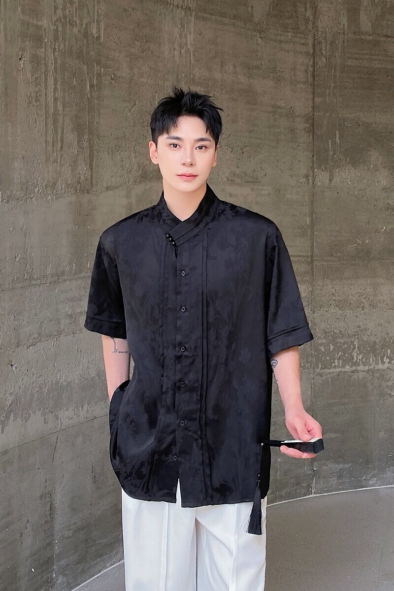夏新中式缎面提花立领短袖男女衬衣复古风流苏压襟设计6816P95,男装T恤,电商A246