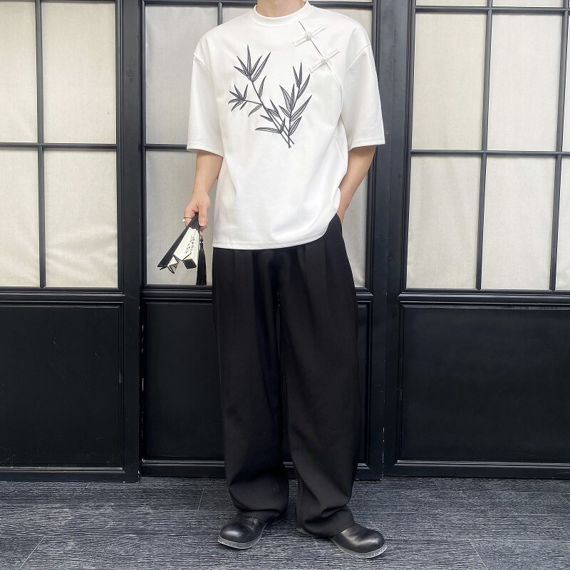 新款中式刺绣盘扣百搭圆领针织T恤复古半袖上衣A246-9771-75,男装T恤,电商A246