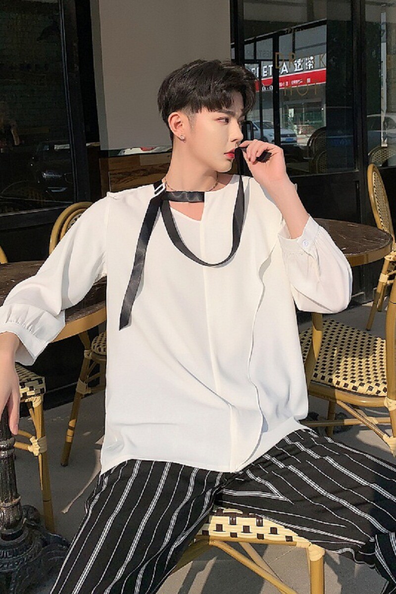 夏季韩版飘带个性气质荷叶边领男七分袖衬衣A261-2061-P65,男装衬衫,电商A246
