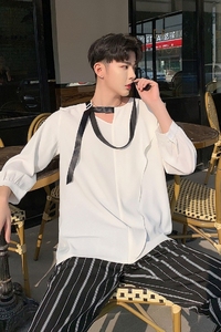 夏季韩版飘带个性气质荷叶边领男七分袖衬衣A261-2061-P65图片