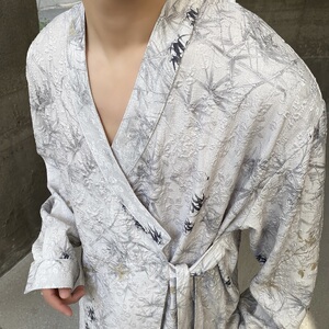 春新中式褶皱提花禅意系带无领长袖男女衬衣复古风衬衫5228P95图片
