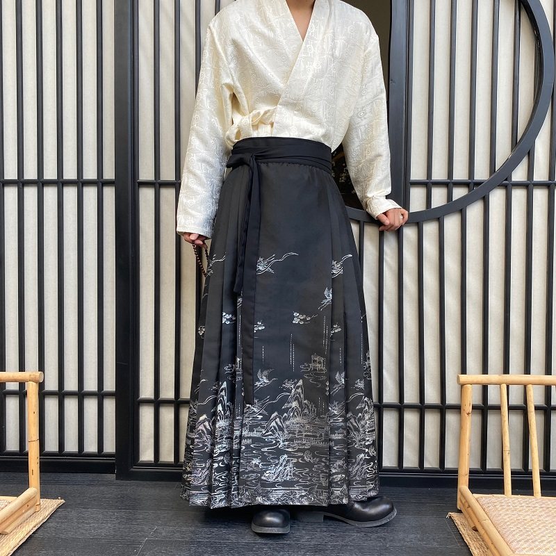 潮流缎面提花中式马面裙复古男女汉服A字百褶长裙2637P115，男装民族服装，电商A246