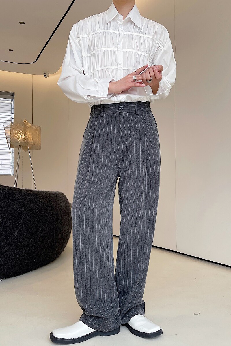 秋季简约英伦风气质灰条纹阔腿男裤韩版潮流休闲宽松长裤3755P80,男装休闲裤,电商A246