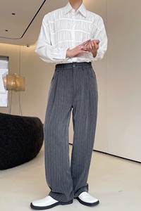 秋季简约英伦风气质灰条纹阔腿男裤韩版潮流休闲宽松长裤3755P80图片