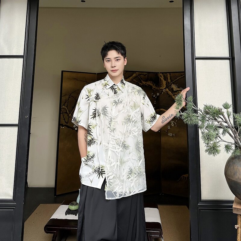 夏季新中式墨竹印花多片刺绣网纱翻领短袖男女衬衣6824P90,男装T恤,电商A246
