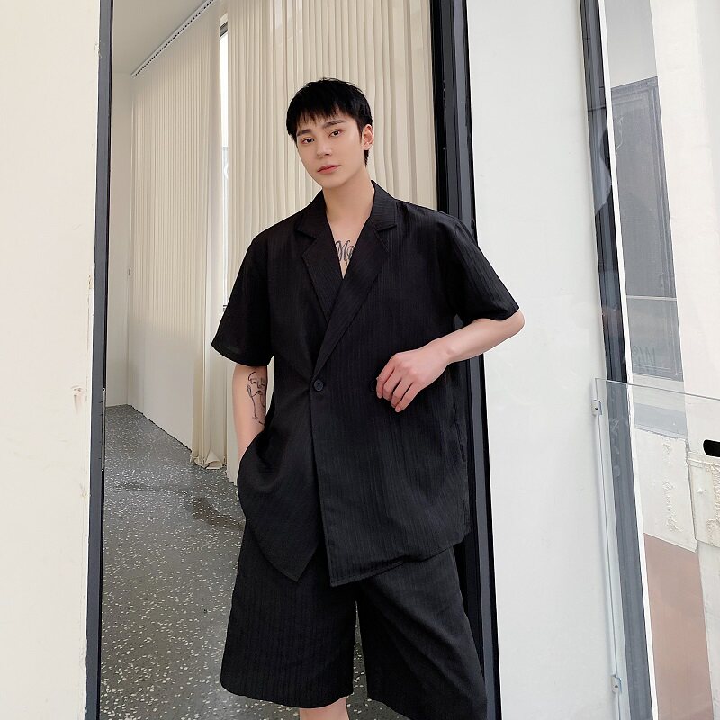夏季韩版休闲西服领短袖衬衣短裤套装潮流雅痞时髦两件套5148P125,男装牛仔裤,电商A246