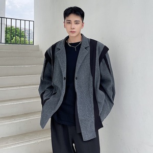 秋冬加厚山本风暗黑气质毛边拼接撞色毛呢翻领男大衣外套2419P155图片