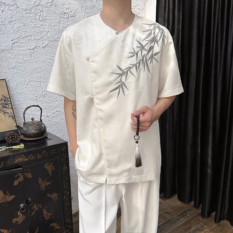 夏季新中式提花刺绣圆领短袖男女衬衣风复古衬衫7627P95,男装衬衫,电商A246