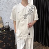 夏季新中式提花刺绣圆领短袖男女衬衣风复古衬衫7627P95，男装衬衫，电商A246