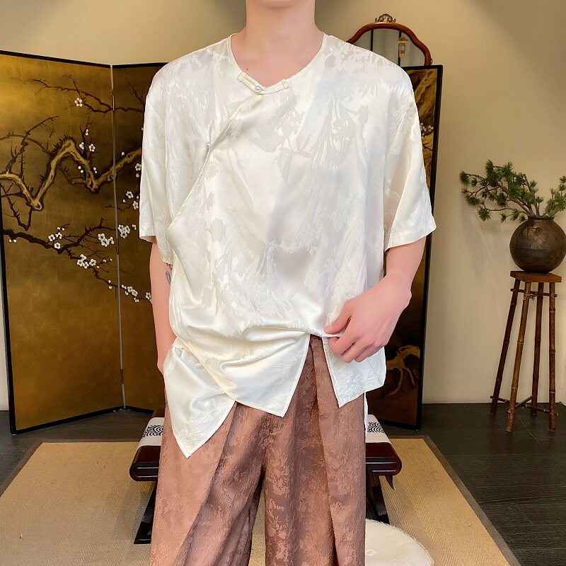 夏季新中式缎面提花盘扣圆领短袖男女衬衣复古风衬衫6817P85,男装衬衫,电商A246