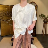 夏季新中式缎面提花盘扣圆领短袖男女衬衣复古风衬衫6817P85，男装衬衫，电商A246