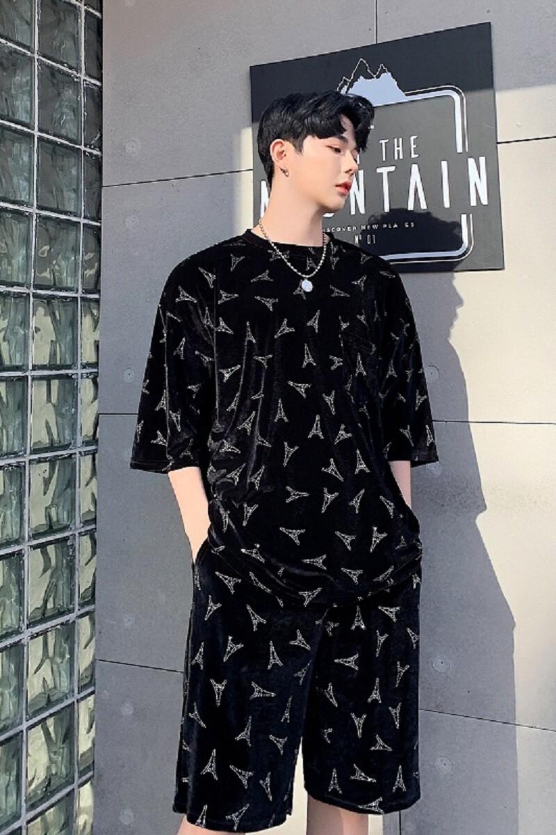 夏季定制丝绒烫钻铁塔潮男圆领短裤休闲套装A261-9033-P105,男装牛仔裤,电商A246