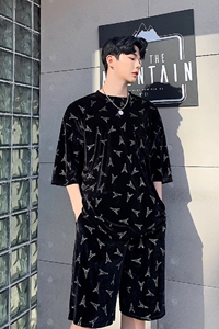 夏季定制丝绒烫钻铁塔潮男圆领短裤休闲套装A261-9033-P105图片