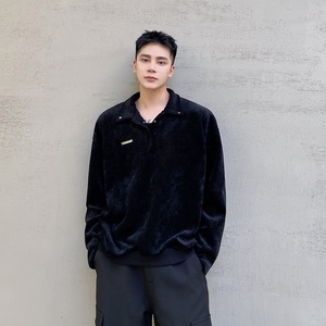 春款韩版休闲条绒坑条翻领套头男卫衣潮流个性铆钉上衣3793P90图片