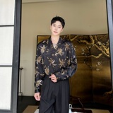 秋复古老钱风肌理纹提花休闲男女长袖衬衣潮流斜襟领衬衫5261P85，男装衬衫，电商A246