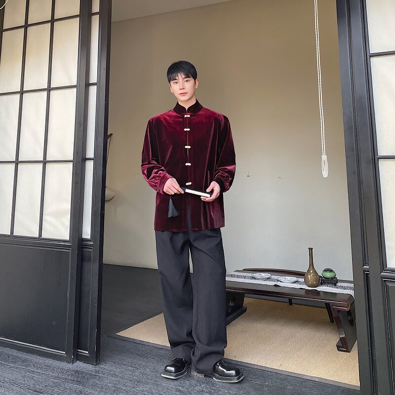 潮流新中式丝绒金属盘扣立领长袖男女衬衣禅意风衬衫5221P105,男装衬衫,电商A246