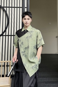 夏季新中式墨竹拼色多片式设计翻领短袖男女衬衣复古风6819P90图片