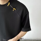夏季新中式提花袖口设计圆领短袖男女T恤复古风禅意上衣9770P75，男装T恤，电商A246