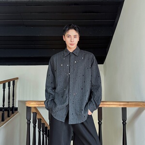 秋季潮流复古深灰条纹破洞烫钻设计翻领长袖男女衬衣2649P95图片