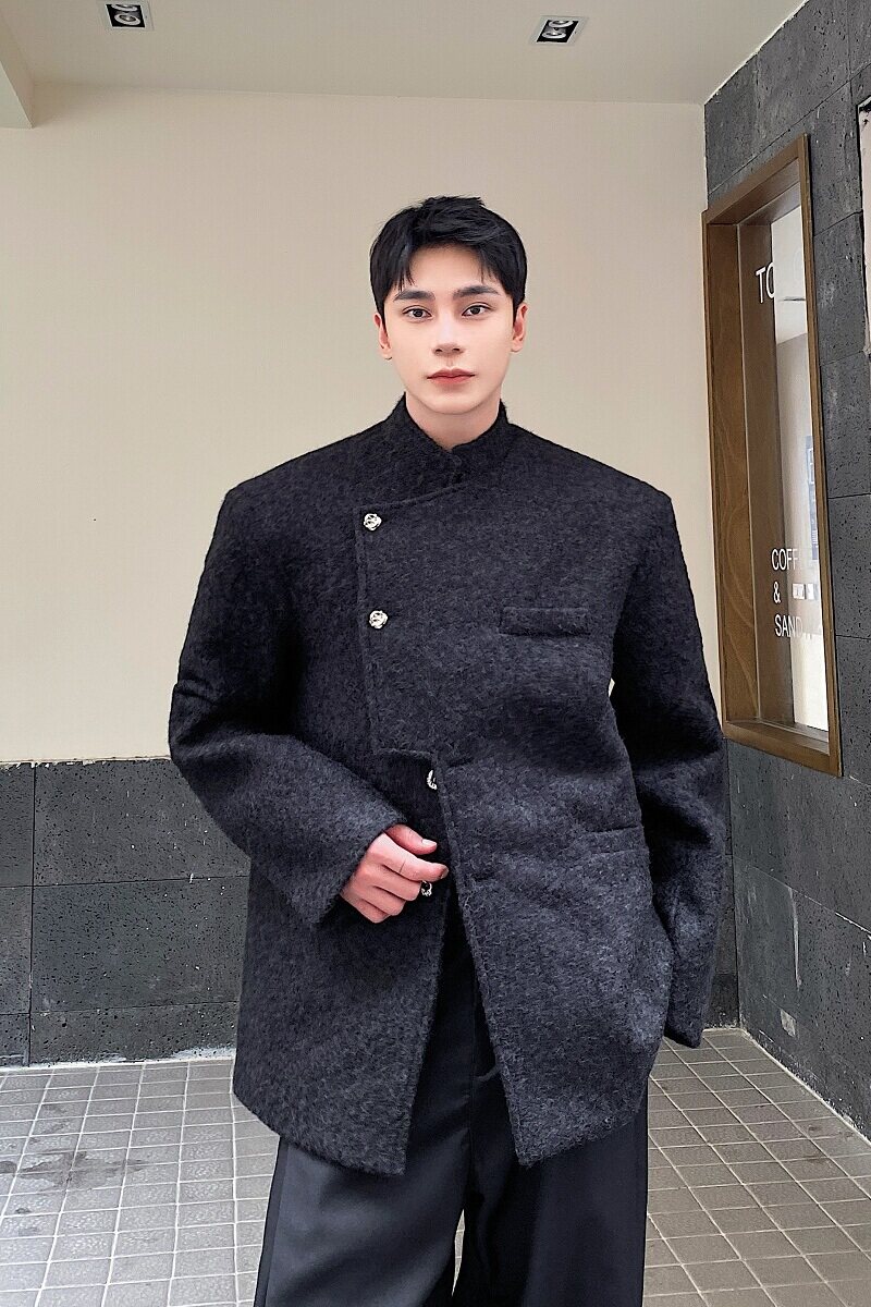 新款新中式风立领加厚毛呢复古宽松百搭休闲外套5201-P155,女装短外套,电商A246