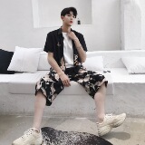 冷淡风个性印花翻领短袖男衬衣潮流时髦发型师雅痞衬衫529P65，男装T恤，电商A246