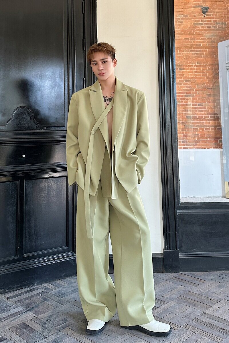 春季新款西服套装小众双领绑带设计西服阔腿休闲直筒长裤6831P245,男装西服,电商A246