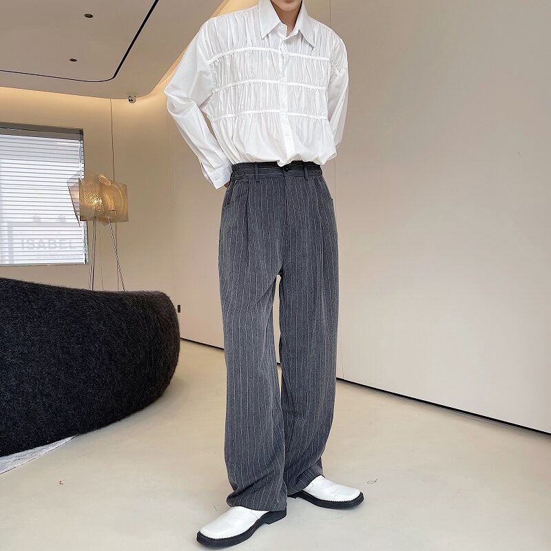 秋季简约英伦风气质灰条纹阔腿男裤韩版潮流休闲宽松长裤3755P80图片