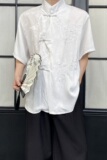夏季中式缎面提花拼接刺绣立领盘扣男女短袖衬衣复古禅意3570P90，男装T恤，电商A246