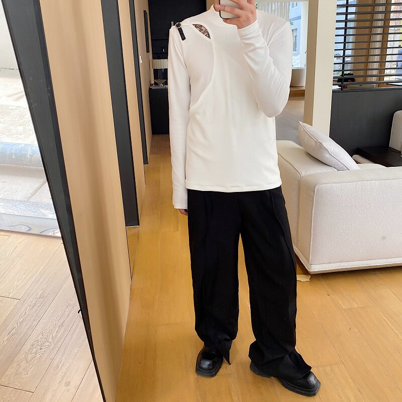 秋冬潮流半高领皮袢镂空设计百搭男女长袖卫衣紧身T恤5168P70,男装T恤,电商A246