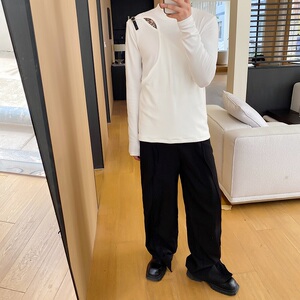 秋冬潮流半高领皮袢镂空设计百搭男女长袖卫衣紧身T恤5168P70图片