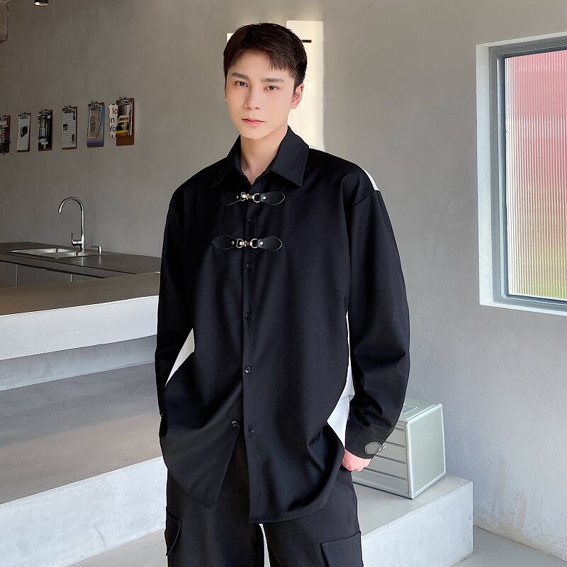 小众自制金属皮袢设计款长袖翻领男衬衣撞色雅痞时髦衬衫2469P85图片