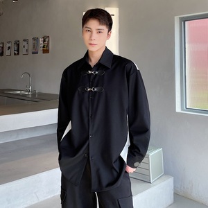 小众自制金属皮袢设计款长袖翻领男衬衣撞色雅痞时髦衬衫2469P85图片