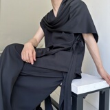 夏季复古简约冷淡风飘逸绑带男女无袖衬衣个性双层设计2648P95，男装衬衫，电商A246