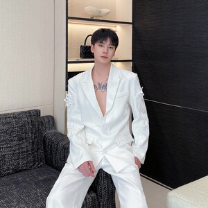 高定立体刺绣花西服长裤套装个性透纱男婚纱礼服5242P285360图片