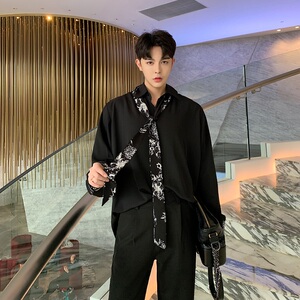 春季复古撞色花边领结宽松韩版男衬衣A261-2053-P75图片