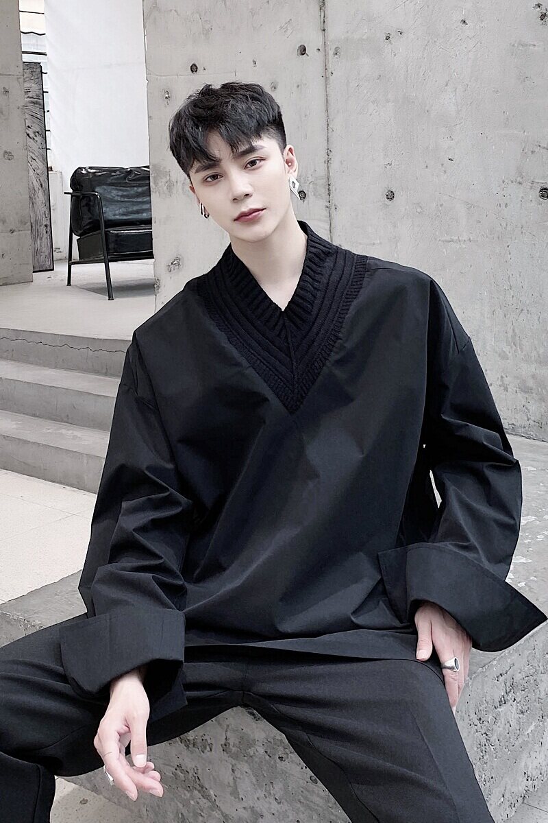 设计款定制小众大V毛线领套头长袖衬衣A246-2316-P65,男装衬衫,电商A246