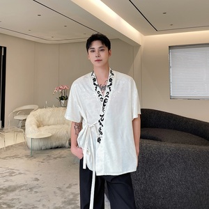 夏季新中式缎面提花刺绣绑带设计短袖男女衬衣风禅意9777P90图片