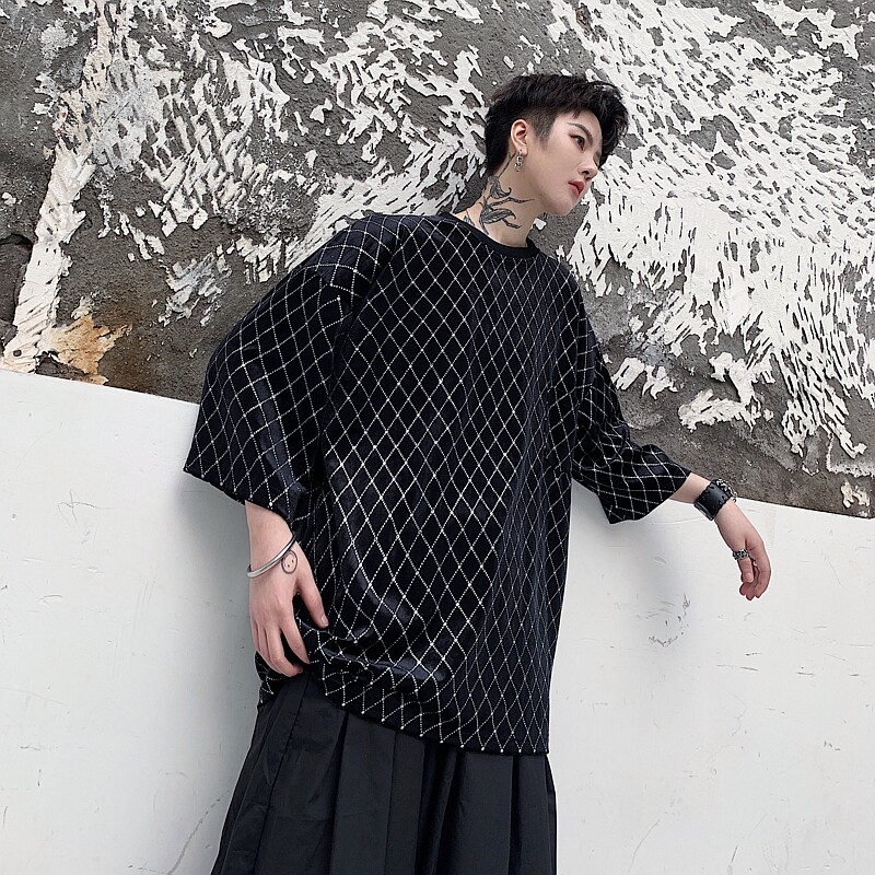 夏季个性暗黑系丝绒亮钻几何菱形圆领男短袖A261-2093-P60图片