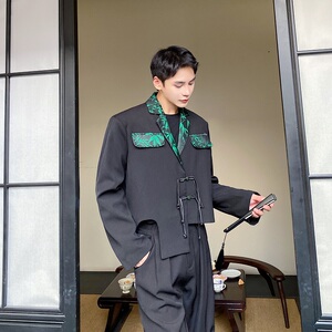 秋改良新中式锦缎绣竹拼接盘扣短款男女翻领西服风外套9761P135图片