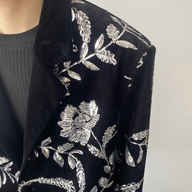 春季丝绒绣亮片中式翻领垫肩宽松男女休闲西服个性外套5252P155,男装西服,电商A246