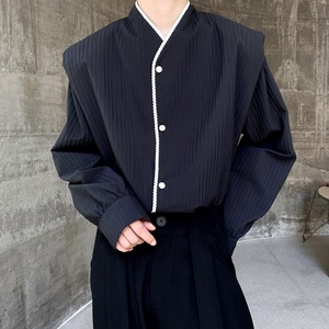 秋季新中式立领垫肩长袖男女衬衣潮流复古小香风雅痞衬衫5183P90图片