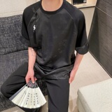 缎面提花拼接圆领复古中式短袖A246-9769-P85，男装T恤，电商A246