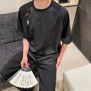 缎面提花拼接圆领复古中式短袖A246-9769-P85图片