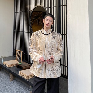 春季中式丝绒压花刺绣立领长袖男女衬衣外套复古禅意上衣3539P135图片