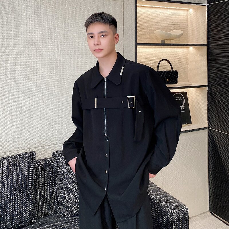 新款黑色衬衫休闲长袖潮流坠感ins衬衣外套男A246-2452-P90,男装衬衫,电商A246