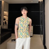 夏季个性花卉紧身型男圆领背心潮流痞帅无袖弹力针织坎肩5254P60，男装背心/马甲，电商A246