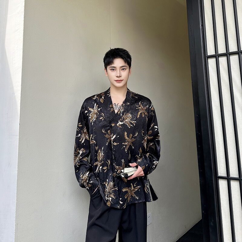 秋复古老钱风肌理纹提花休闲男女长袖衬衣潮流斜襟领衬衫5261P85,男装衬衫,电商A246