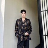 秋复古老钱风肌理纹提花休闲男女长袖衬衣潮流斜襟领衬衫5261P85，男装衬衫，电商A246