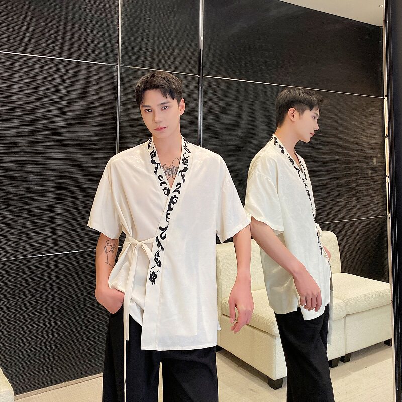 夏季新中式缎面提花刺绣绑带设计短袖男女衬衣风禅意9777P90,男装T恤,电商A246